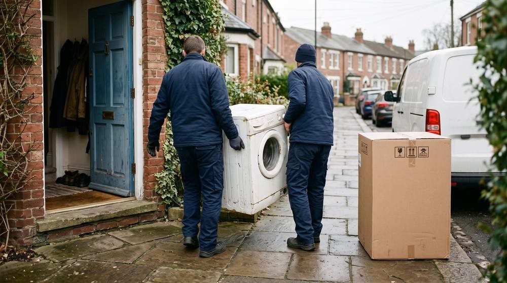 Two delivery workers carrying an old washing machine out through the front door of a terraced house, a new boxed appliance waiting on the path.