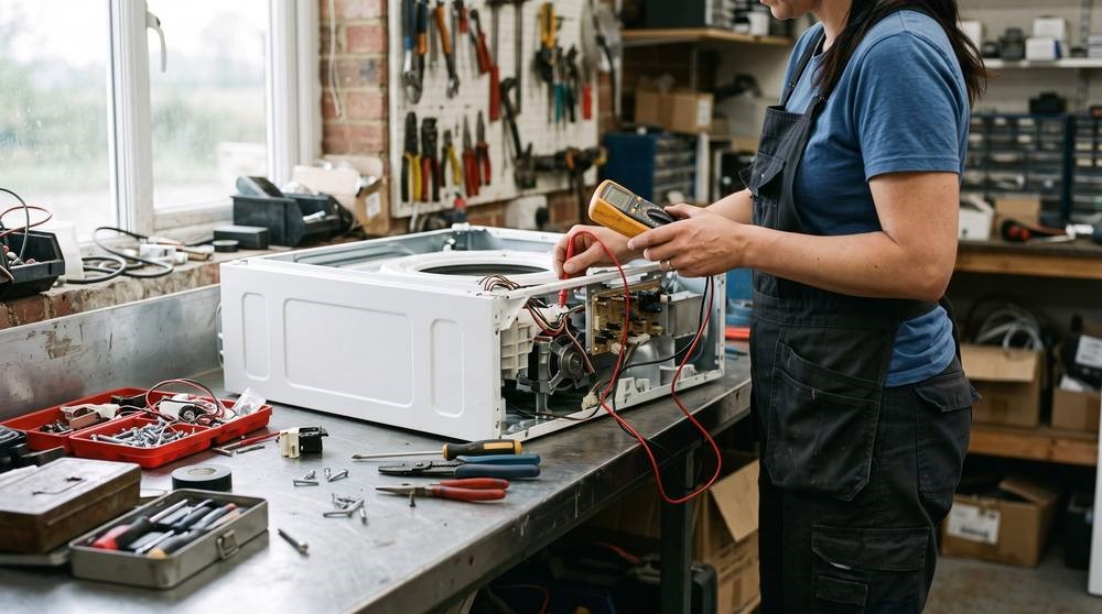 A technician testing a white domestic appliance on a workbench with a multimeter, tools and parts trays around.