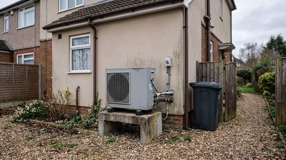 An external air-to-water heat pump unit on a concrete plinth against the side wall of a semi-detached house.
