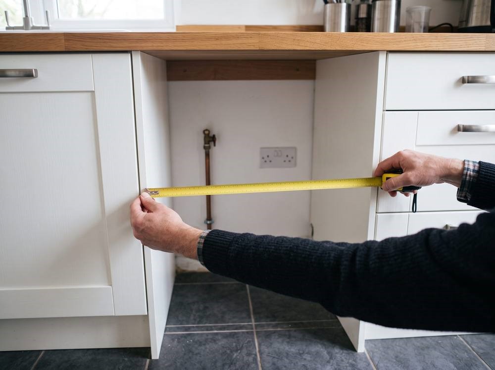 Two hands measuring the width of an empty appliance gap in a fitted kitchen with a tape measure, with the water pipe and socket visible at the back of the recess.