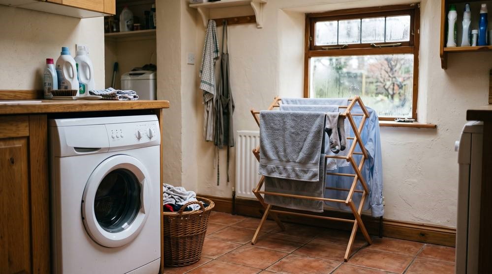 A washing machine in a utility room, with laundry drying on a wooden airer beside a window running with condensation.